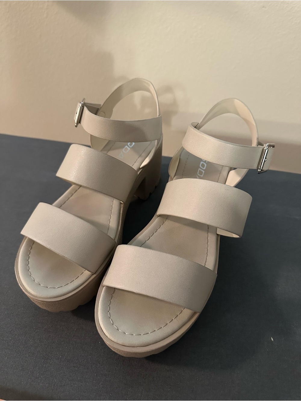 Soda Neutral Beige Triple-Strap Platform Sandals